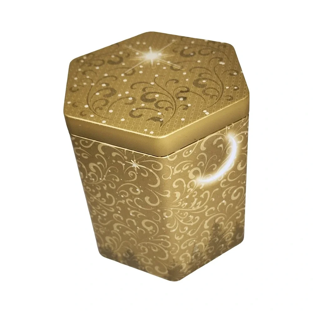 Gold Hexagon Celestial Scrollwork Metal Tin Star‎ Moon Holiday Storage Box 4.5in